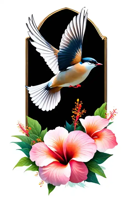 Fantail Bird In Mid Flight Surrounded Flowers Three Hibiscus Flowers And Dream At Her