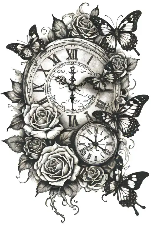 Butterflies Witha Broken Clock Face And Roses
