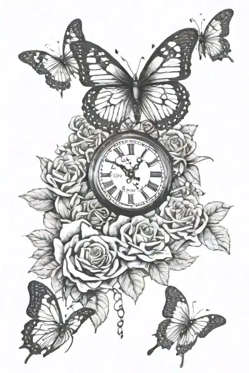 Butterflies Witha Broken Clock Face And Roses