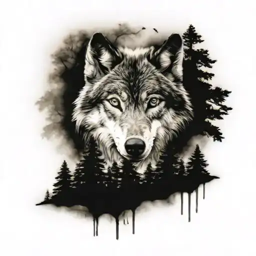 Wolf And Forest Tattoo On Stomach
