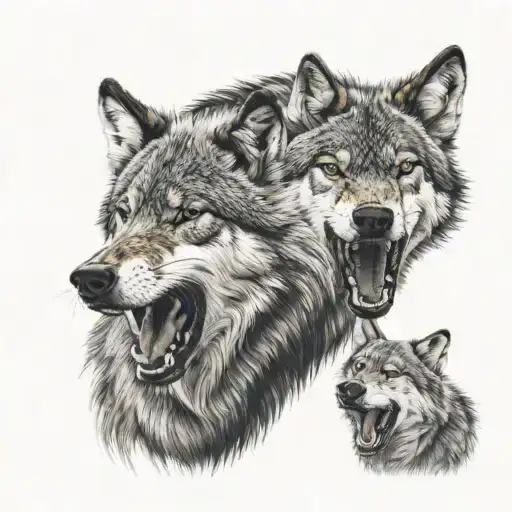 Snarling Wolf Over Two Twin Girls