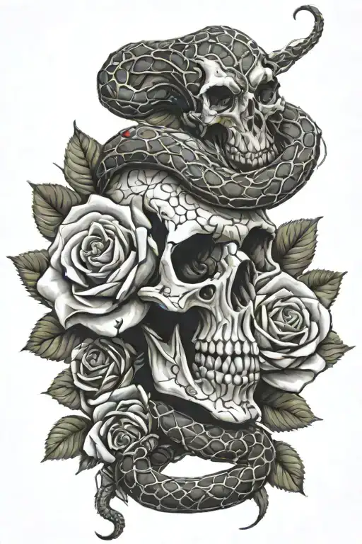 Snake Wrapped Round Skull With Roses