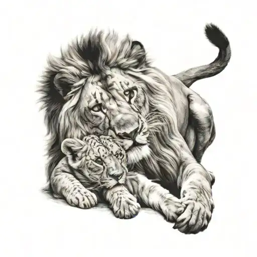 A Lion And A Lioness Embrace And A Lion Cub Sits Between Them