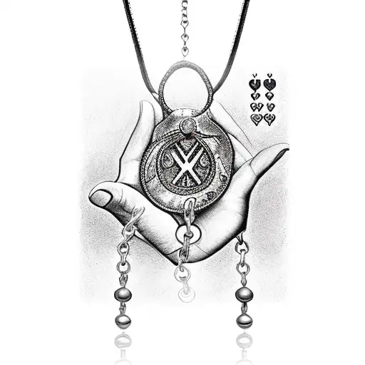 A Hand Holding A Necklace That's Dangling From Their Fingers Coming Out Of A Tarot Card