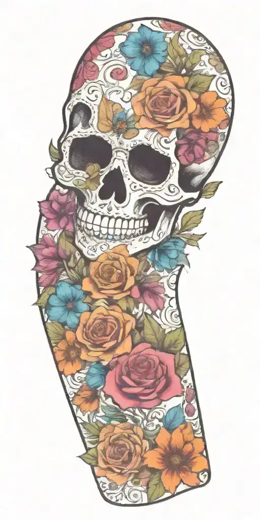 Sugar Skull With Poppy Rose Daisy Carnation Morning Glory Cosmos Marigold And Holly Flowers