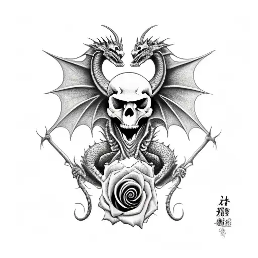 Dragon With Rose And Skull