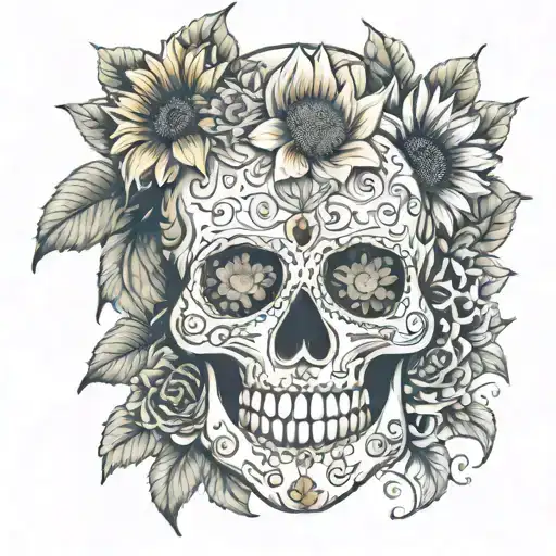 Sugar Skull With Sunflowers Framing Skull