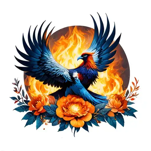 Phoenix Rising From The Ashes And Flowers Intertwined