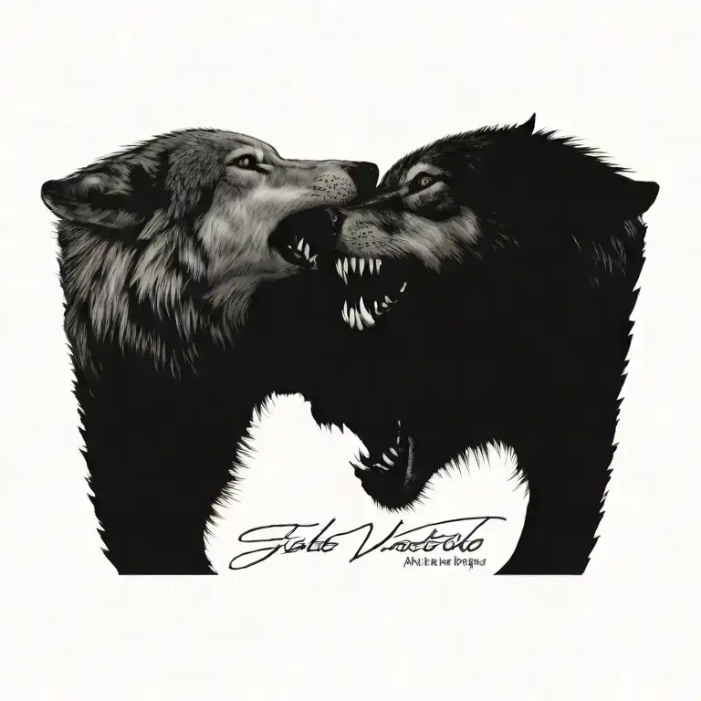 Side Profile Of Two Wolves Snarling At Eachother Face To Face