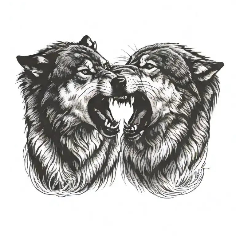 Side Profile Of Two Wolves Snarling At Eachother Face To Face