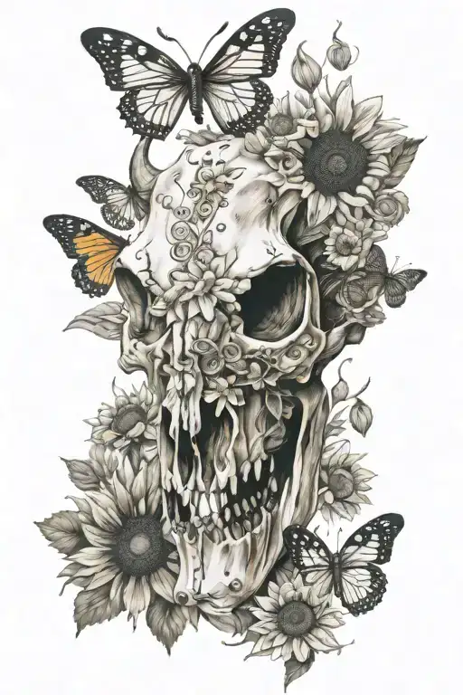 Cow Skull With Sunflowers And Butterflies Fluttering