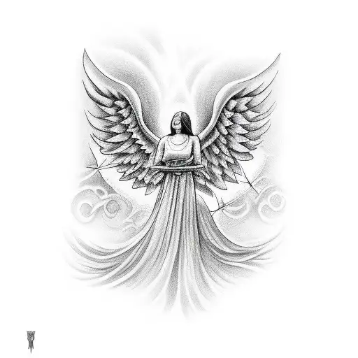 Full Sleeve Tattoo Of Angel Looking Up To The Heavens With A Dove Flying Towards Heavens Gates
