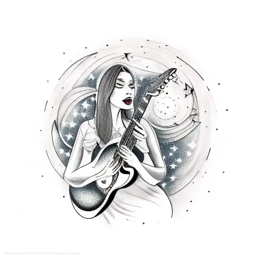 A Beautiful Woman Playing A Guitar Under A Starry Night Sky