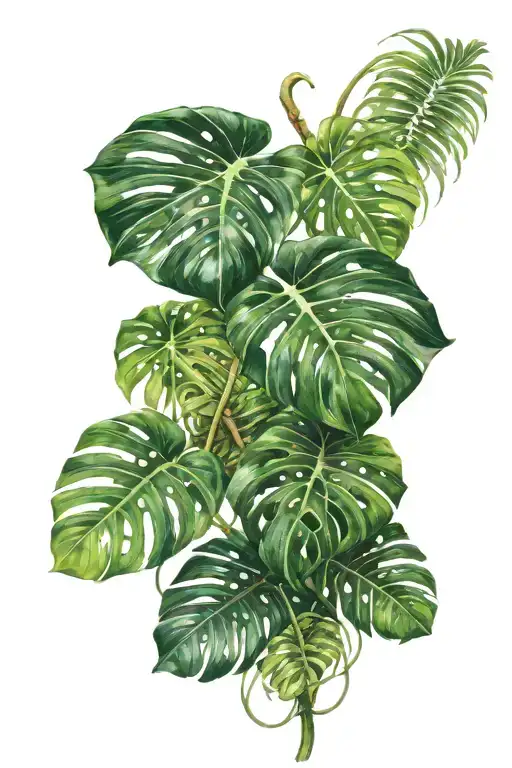 Monstera Deliciosa Leaf Intertwined With Vines