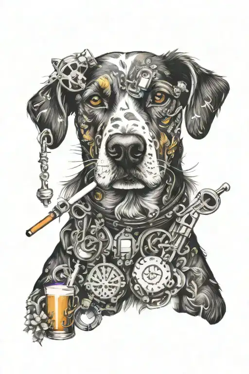 An Intricate Design Of A Dog Smoking A Joint Surrounded By Various Animals And Musical Instruments