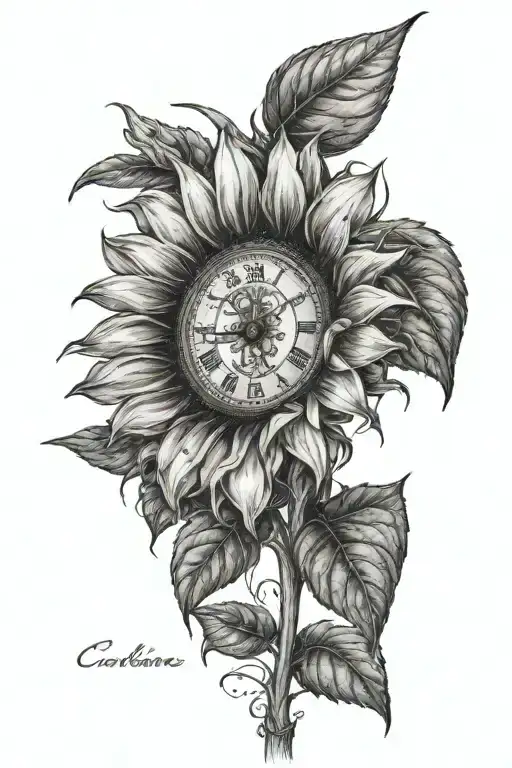 A Sunflower With A Clock Inside And The Name Caroline In Cursive On The Stem