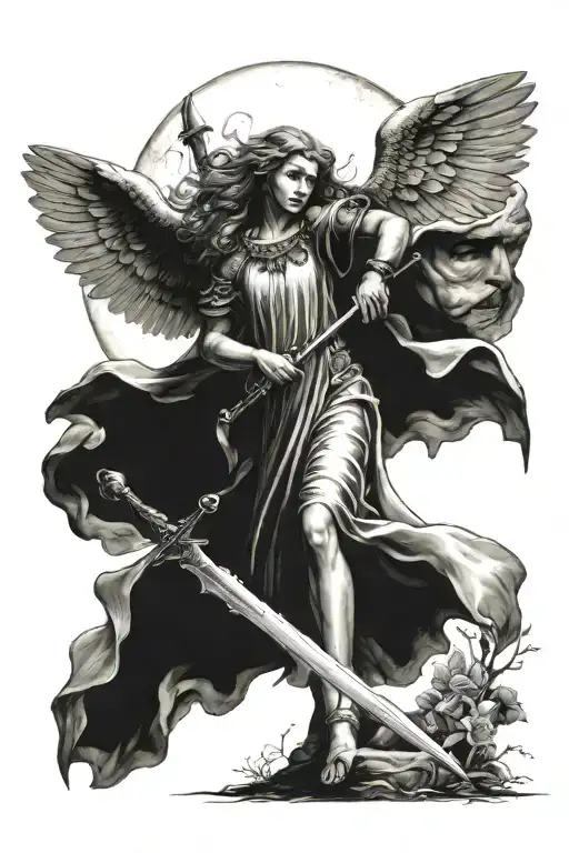 A Luna Moon And Below That A Angel Holding A Sword