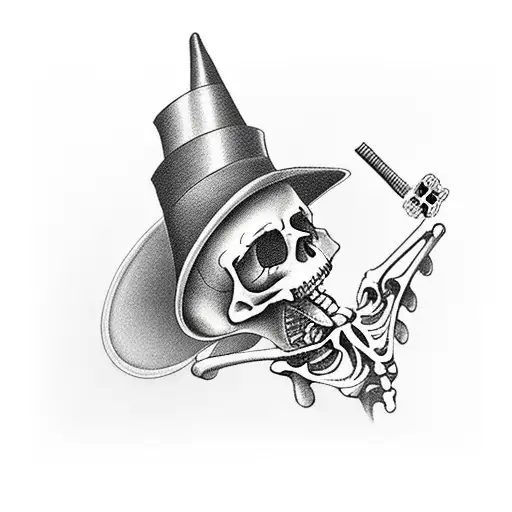Tatu A Skeleton Stands In A Top Hat And With A Cane Throws Playing Cards Away From Him