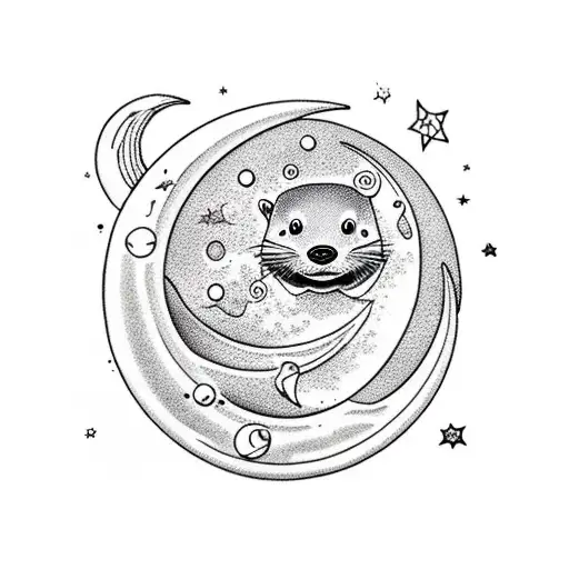 A Minimalist Design Of A Otter Floating On A Crescent Moon In A Starry Night Sky