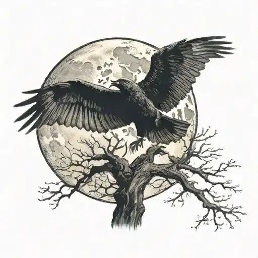A Moon With A Tree Over Lapping With A Large Crow Underneath