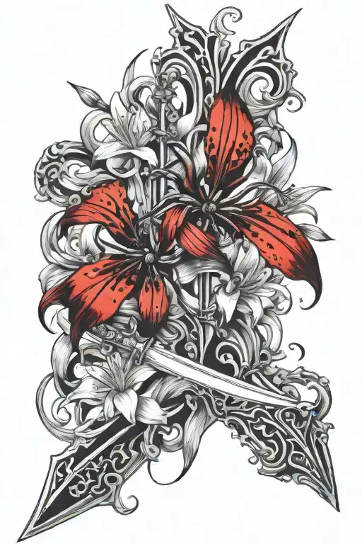 Red And Black Spider Lillies Wrapper Around A Sword