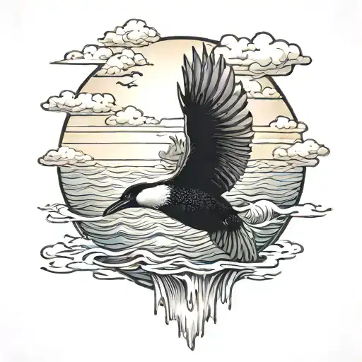 Sun Rise Over The Oceanwith A Small Loon Flying In The Clouds With Gods Creation Hands Shaded In It