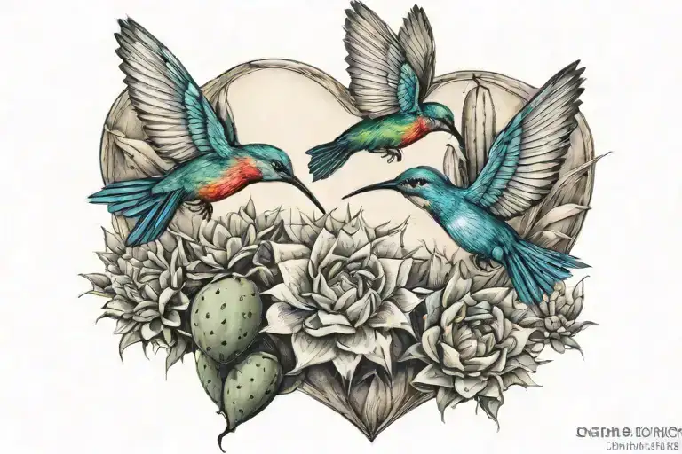 Cactus Heart And 2 Hummingbirds Flying