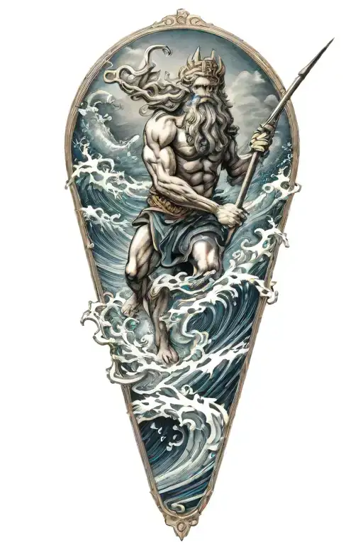 Poseidon Holding A Trident Riding Wave Crashing