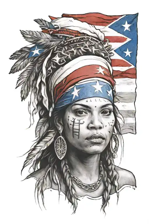 Puerto Rico Indigenous Woman With Puerto Rican Flag And Indigenous Signs In Background