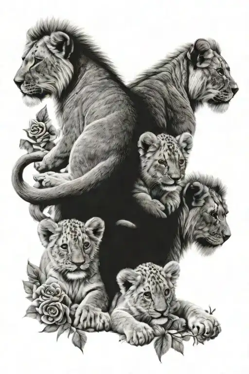 5 Lion Cubs Intertwined With Roses