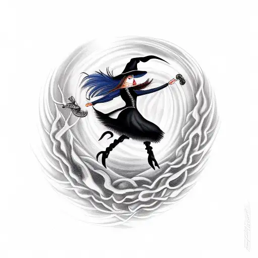 Witch Flying On Her Broom At Night