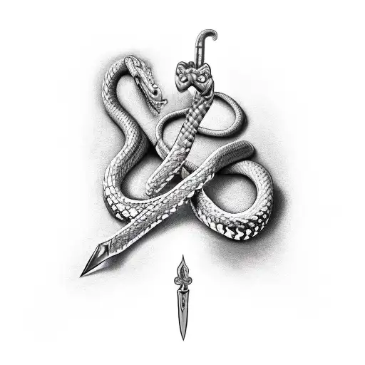 Hand Holding Dagger With Snake Wrapping Up And Around The Hand And Dagger