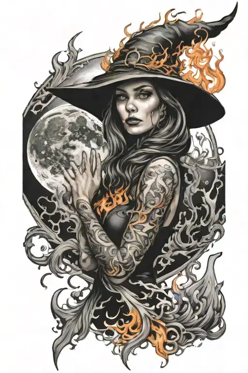 Tattoo Girl Witch On Fire Moon