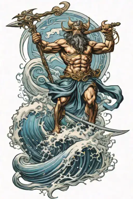 Poseidon Holding A Trident Riding Wave Crashing