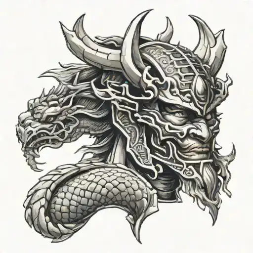 Samurai Mask Surrounded By Dragon Wrapped