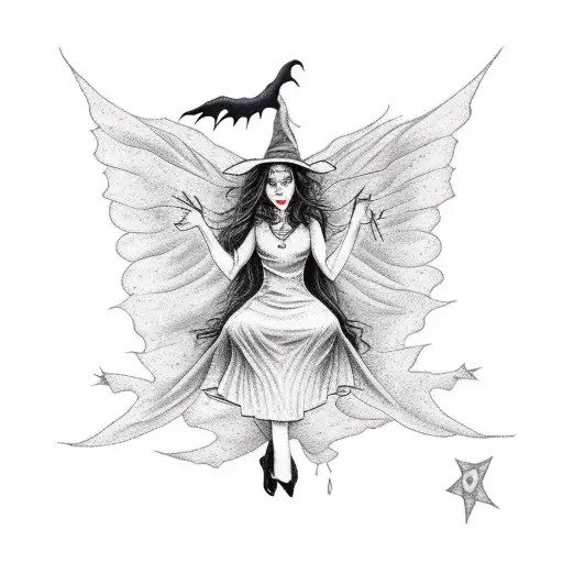 Witch Flying On Her Broom At Night