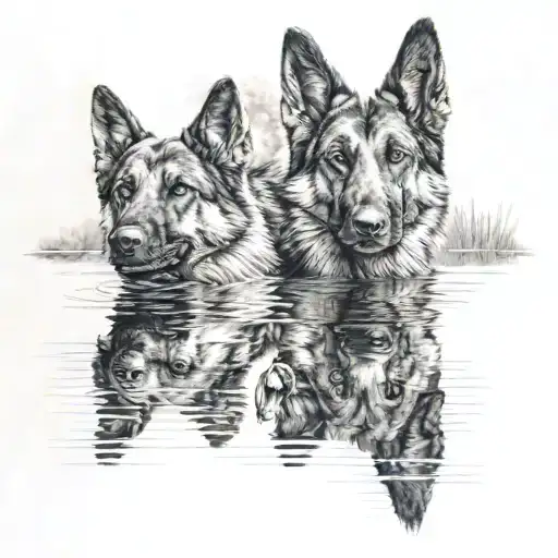 2 German Shepards Different Ages Looking Into Relfections In A Pond