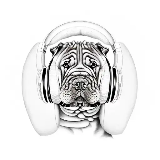 A Realistic Portrait Of A Shar Pei Dog Wearing Headphones And Listening To Music