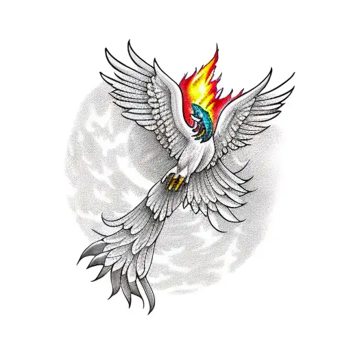 Phoenix Flying Up Towards Bright Shining Full Moon