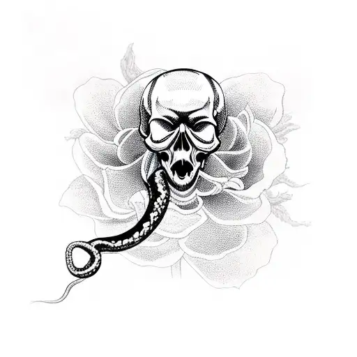 Skull With Snake Going Through Mouth And Eye Fith Peony Flowers
