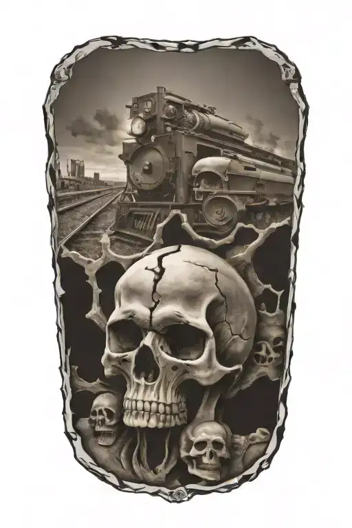 Railroad Train Tracks Going Into The Distance With Evil Skulls And Harley Davidson Engine Parts