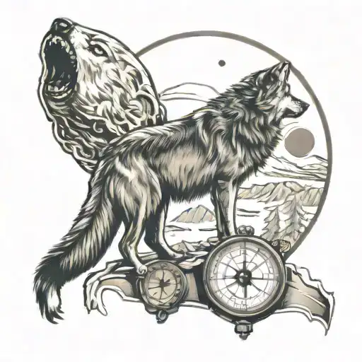 Wolf Howling At Moon With Compass