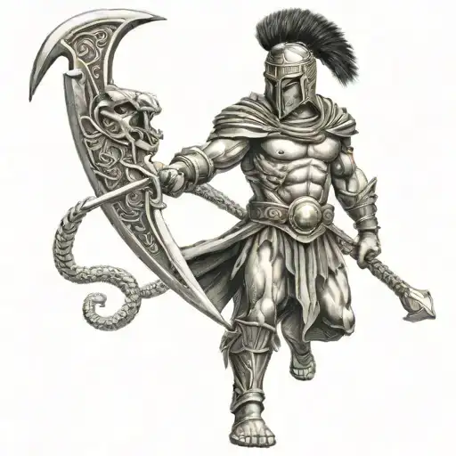 Spartan Warrior With A Snake Around Him Braking Cuffs With A Big Sword Written On It Freedom