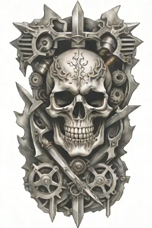 Evil Skull And Swords Surrounded By Engine Parts