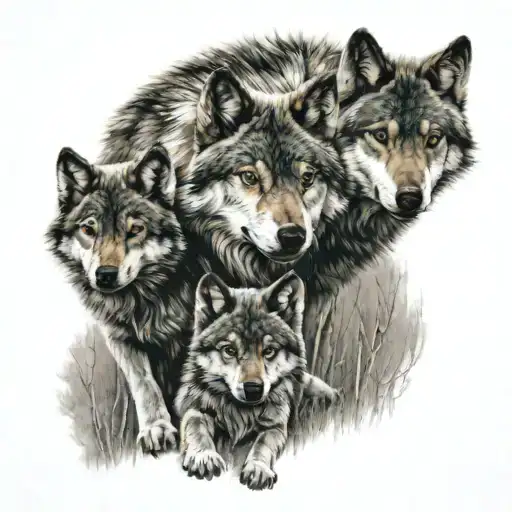 Wolf With Two Pup Wolves Each Pup