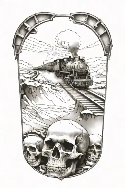 Railroad Train Tracks Going Into The Distance With Skulls And Harley Davidson Engine Parts