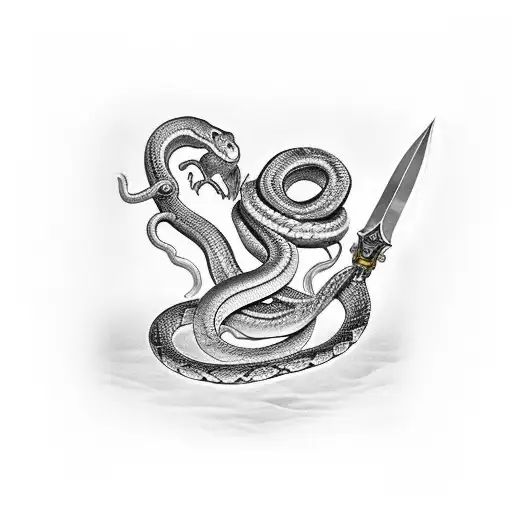 Hand Holding Dagger With Snake Wrapping Up And Around The Hand And Dagger