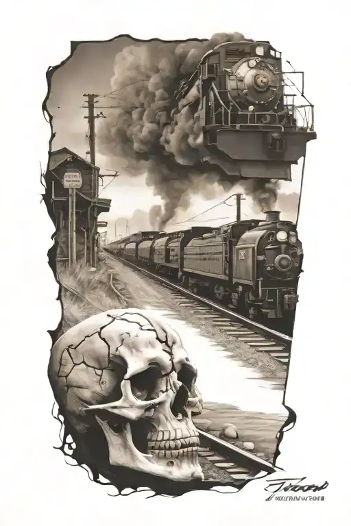 Railroad Train Tracks Going Into The Distance With Skulls And Horsepower Engine Parts