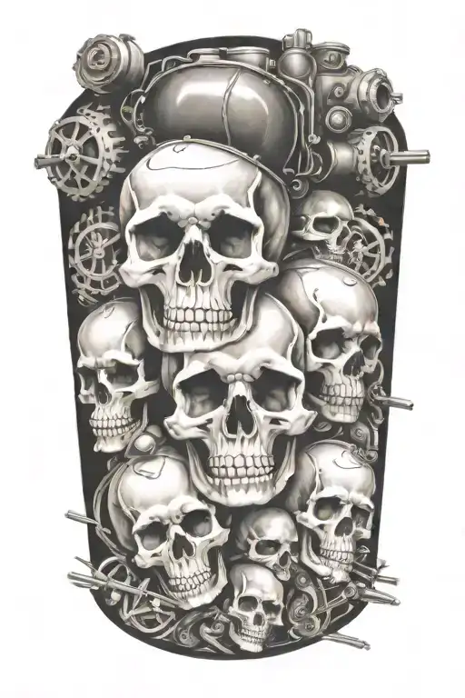 Railroad Train Travelling Across A Group Of Skulls Surrounded By Engine Parts