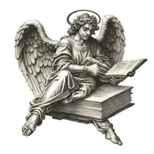 Renaissance Angel Reaching For A Book That Has The Universe On The Front
